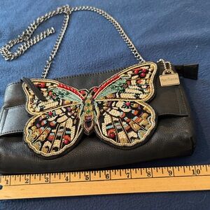 Mary Frances Black Leather Clutch with Beaded Multicolor Butterfly